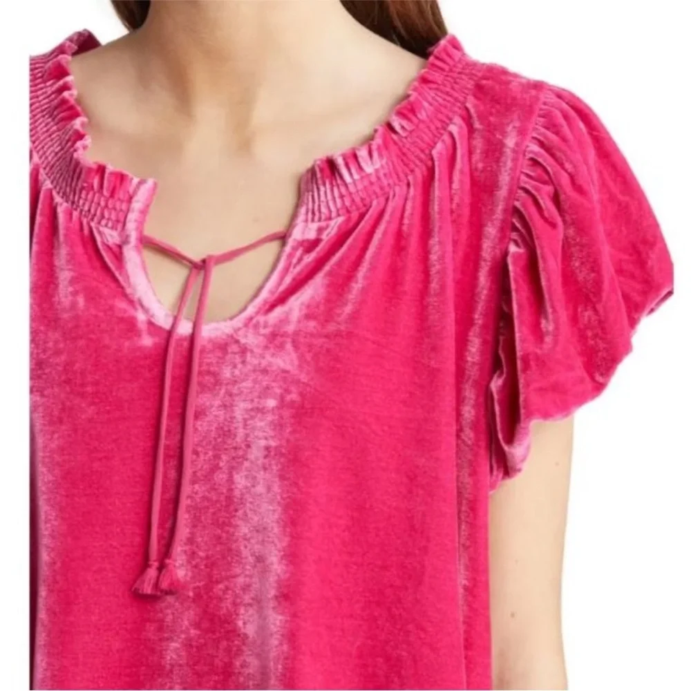 Free People Fuchsia Crop Top Terese Velvet Shorts Puff Sleeve Keyhole Tie Neck - Picture 9 of 16